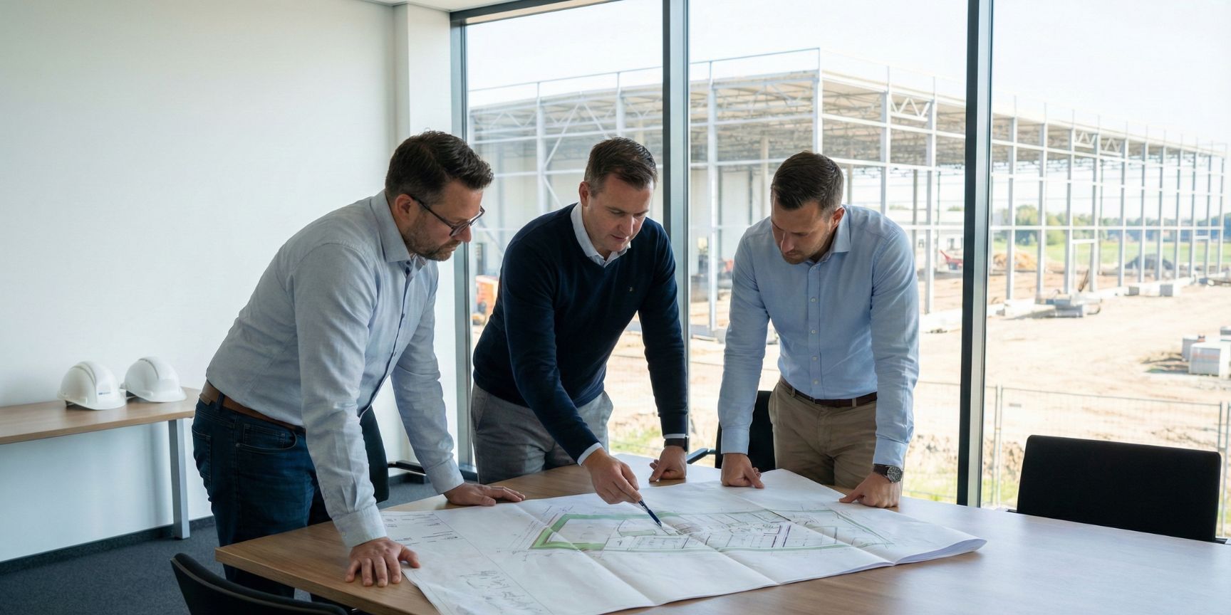 Drei Fachplaner und Projektentwickler besprechen in einem Büro einen Bauplan für eine Logistikimmobilie, während im Hintergrund die Baustelle der Halle zu sehen ist.